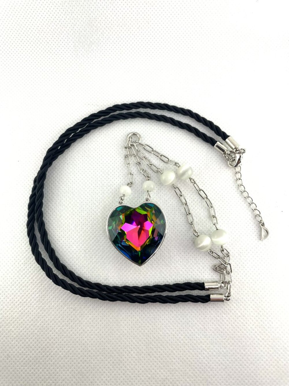 Iridescent Heart Statement Lariat Y-Necklace,Austrian Crystals, 31" - Rope Chain